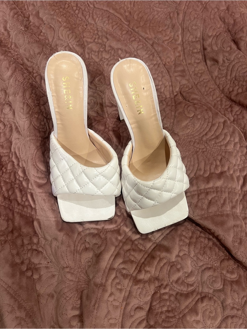 SHEIN White Quilted Square Toe Slide Heels